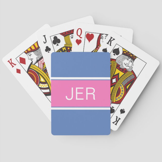 Cute Girly Custom Monogram Initials Blue Pink   Playing Cards (Back)