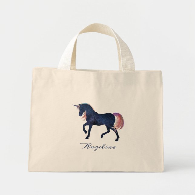  Cute Girly Customised Celestial Navy Blue Unicorn Mini Tote Bag (Front)