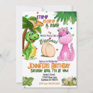 Cute Girly Dinosaur birthday invitation