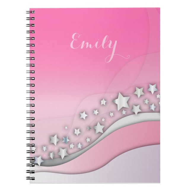 Cute Girly Dreamy Silver Stars on Blush Pink Name  Notebook (Front)