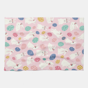 Cute Girly Easter Bunny Modern Pink Floral Eggs Tea Towel