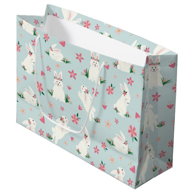 Cute Girly Easter Bunny Modern Pink Floral Large Gift Bag (Front Angled)