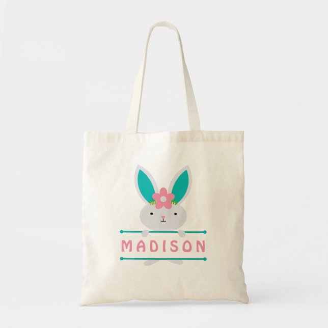 Cute Girly Easter Bunny Personalized Name Tote Bag (Front)
