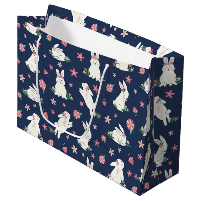Cute Girly Easter Bunny Rabbit Modern Blue Pink Large Gift Bag (Front Angled)