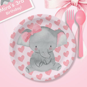 Cute Girly Elephant Pink Bow Birthday Party Paper Plate