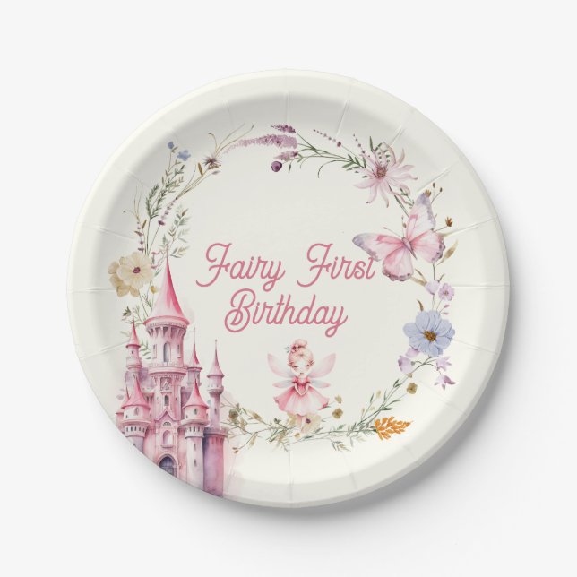 Cute Girly Fairy First Birthday Paper Plate (Front)