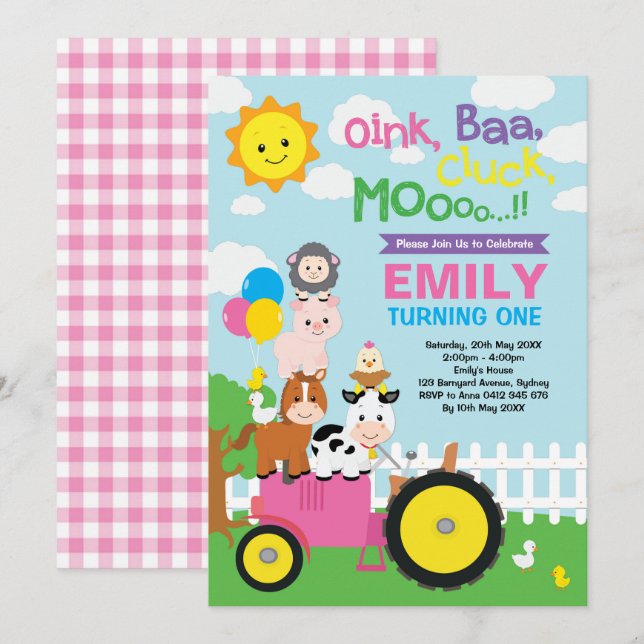 Cute & Girly Farm Birthday Barnyard Animals Party Invitation (Front/Back)