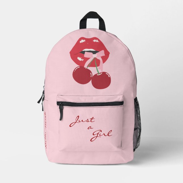 Cute Girly Feminine Cherry Lips Printed Backpack (Front)