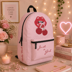 Cute Girly Feminine Cherry Lips Printed Backpack