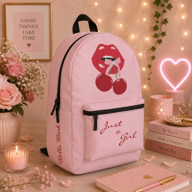Cute Girly Feminine Cherry Lips Printed Backpack (Creator Uploaded)