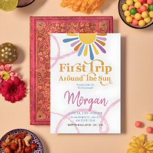 Cute Girly First Trip Around Sun Birthday Party Invitation