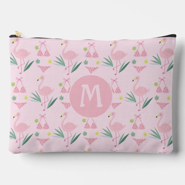 Cute Girly Flamingo and Bikini Pink Monogram Accessory Pouch (Front)