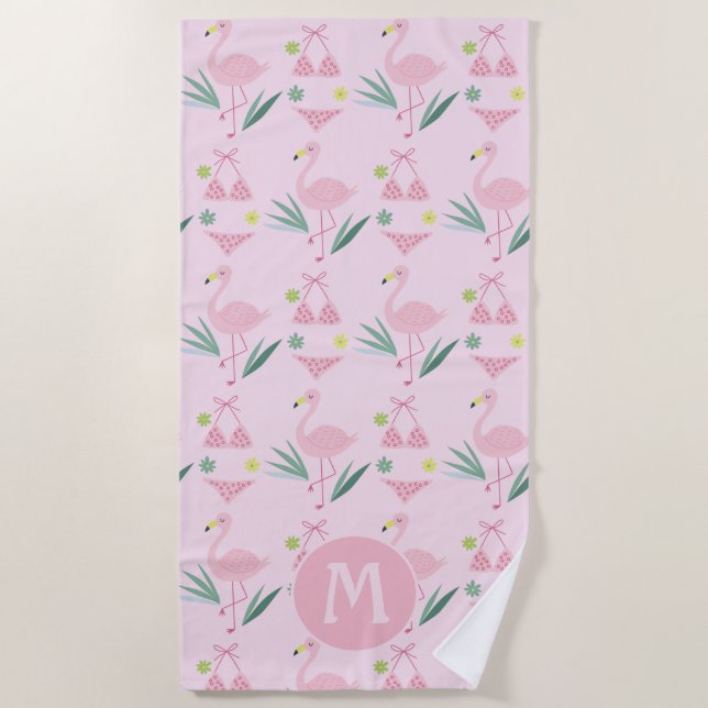 Cute Girly Flamingo and Bikini Pink Monogram Beach Towel (Front)
