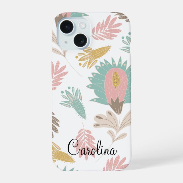 cute girly floral botanical monogrammed pattern iPhone 15 case (Back)