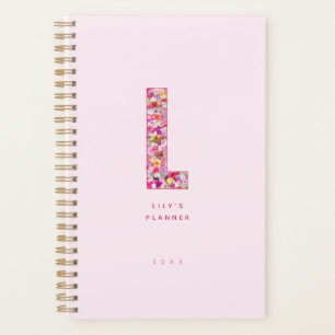 Cute Girly Floral Colourful Monogram Pastel Pink Planner