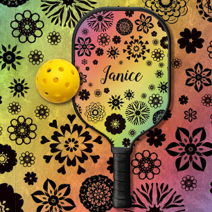   Cute Girly Floral Cool Rainbow Customisable Name Pickleball Paddle