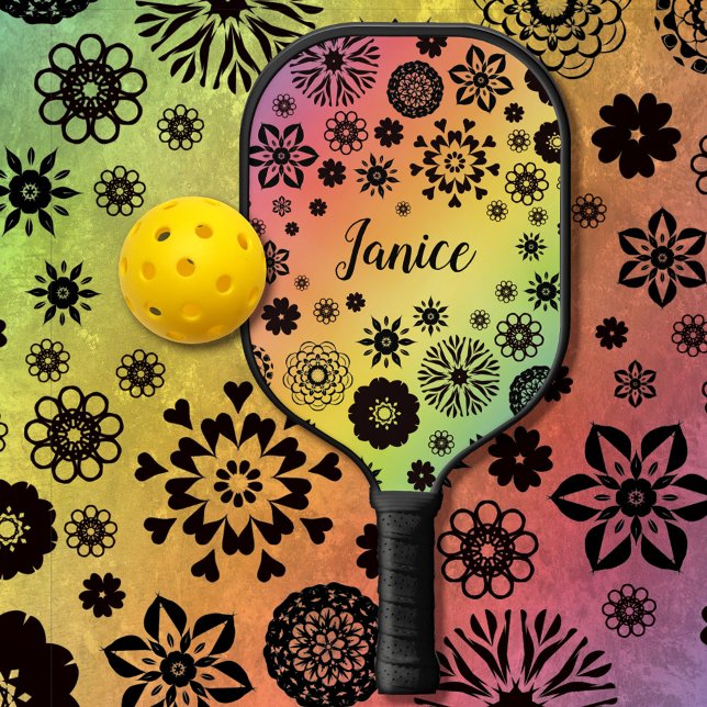   Cute Girly Floral Cool Rainbow Customisable Name Pickleball Paddle (Creator Uploaded)