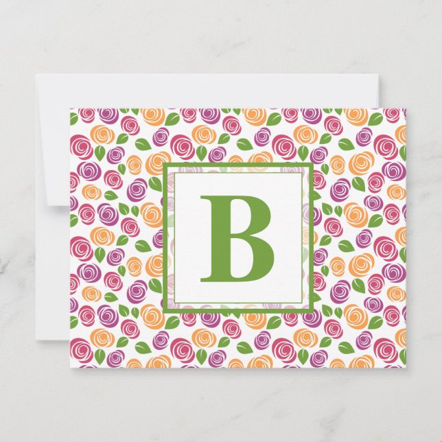 Cute Girly Floral Custom Monogrammed Initial Green Card (Front)