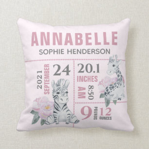 Cute Girly Floral Jungle Animals Birth Stats Cushion