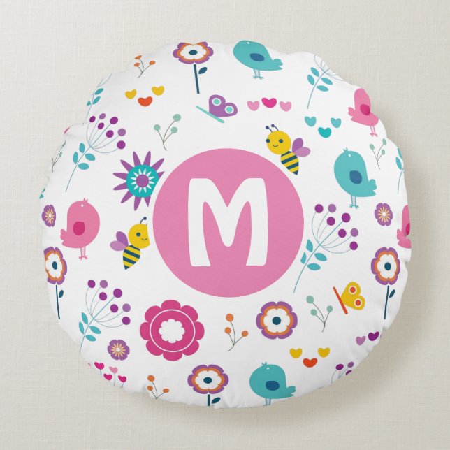 Cute Girly Flowers and Birds Pattern Personalised Round Cushion (Front)