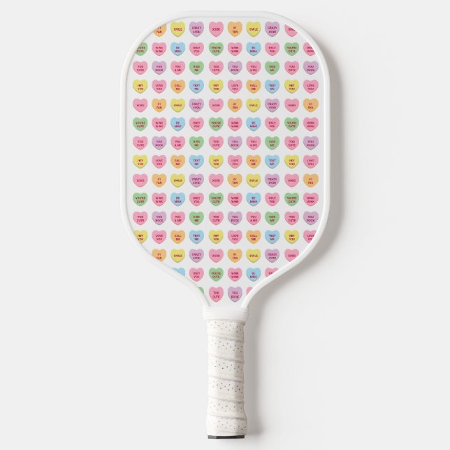 Cute girly fun custom tiny conversation hearts pickleball paddle (Front)