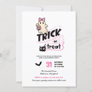 Cute Girly Ghost Trick or Treat Halloween Cat Pink Invitation