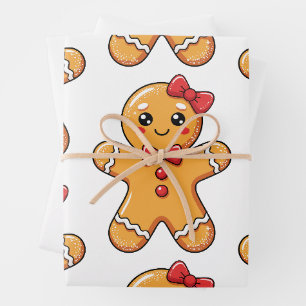 Cute Girly Gingerbread Bow Girls Christmas Xmas Wrapping Paper Sheet