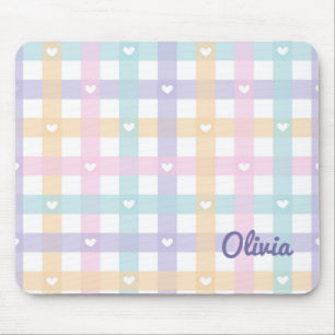 Cute Girly Gingham Plaid with Hearts Mouse Mat