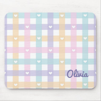 Cute Girly Gingham Plaid with Hearts Mouse Mat