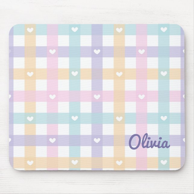 Cute Girly Gingham Plaid with Hearts Mouse Mat (Front)