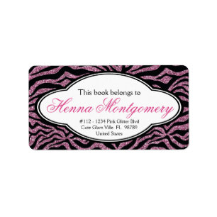Cute Girly Glitter Look PINK Zebra Bookplate Label