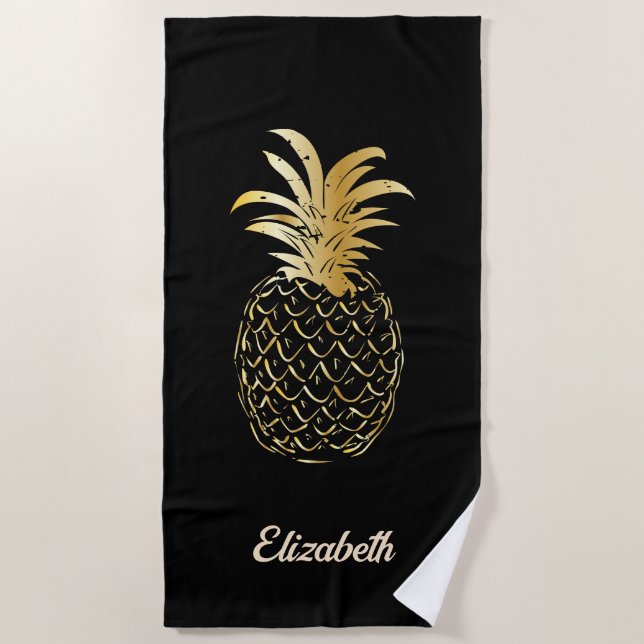 Cute Girly Gold and black Pineapple - Personalised Beach Towel (Front)