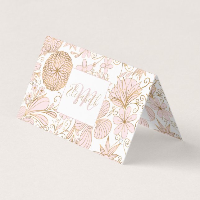 Cute Girly Gold Floral Doodles Blush Pink Design Business Card (Front)