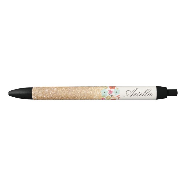 Cute Girly Gold Glitter Floral Personalised Name Black Ink Pen (Front)