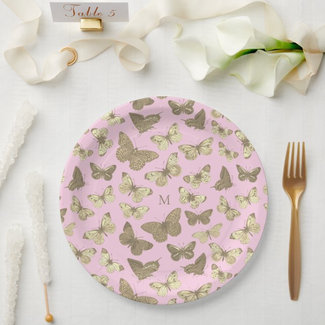 Cute Girly Gold Pink Butterfly Pattern Monogram Paper Plate (Wedding)