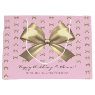 Cute Girly Gold Satin Aesthetic Bow on Pink Large Gift Bag