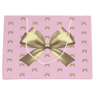 Cute Girly Gold Satin Aesthetic Bow on Pink Large Gift Bag