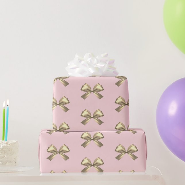 Cute Girly Gold Satin Aesthetic Bow Pink Wrapping Paper (Party Gifts)