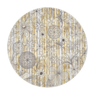 Cute Girly Gray Floral Doodles Gold Stripes Design Cutting Board