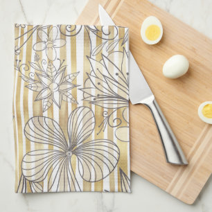 Cute Girly Gray Floral Doodles Gold Stripes Design Tea Towel