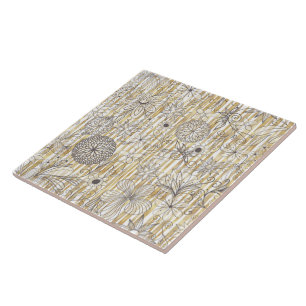 Cute Girly Gray Floral Doodles Gold Stripes Design Tile