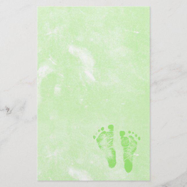 Cute Girly Green New Baby Footprints Stationery (Front)