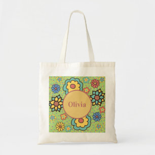 Cute Girly Green Yellow Blue Boho Flowers Tote Bag