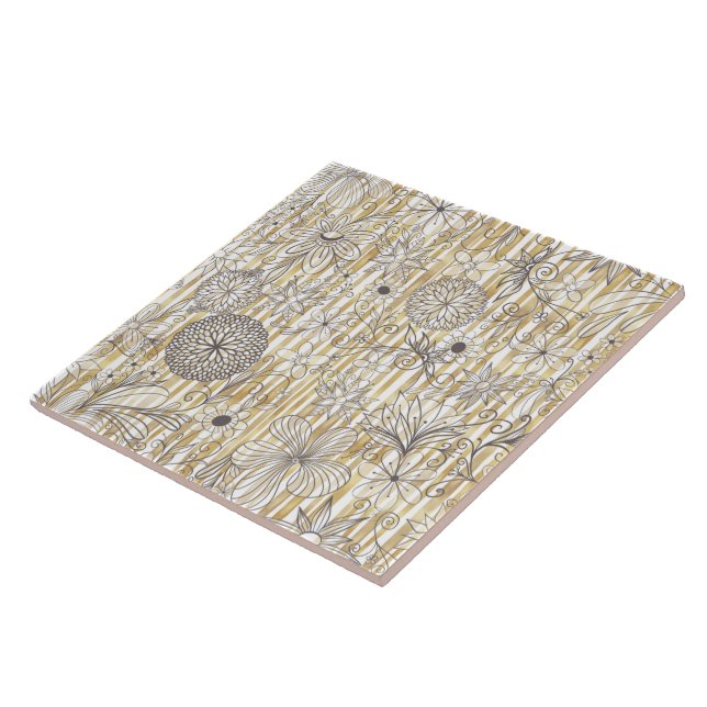 Cute Girly Grey Floral Doodles Gold Stripes Design Tile (Side)