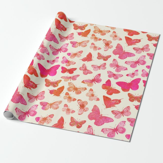 Cute Girly Groovy Pink Butterfly Pattern Wrapping Paper (Unrolled)