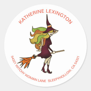Cute Girly Halloween Witch Broomstick Address Classic Round Sticker