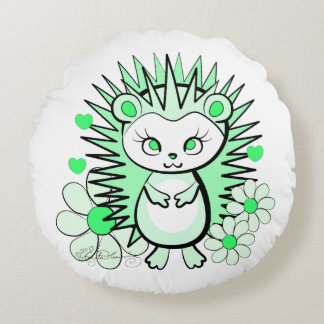 Cute Girly Hedgehog Green Round Cushion