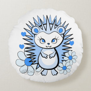 Cute Girly Hedgehog Lt Blue Round Cushion