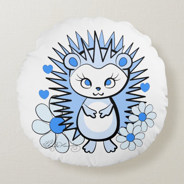Cute Girly Hedgehog Lt Blue Round Cushion (Front)