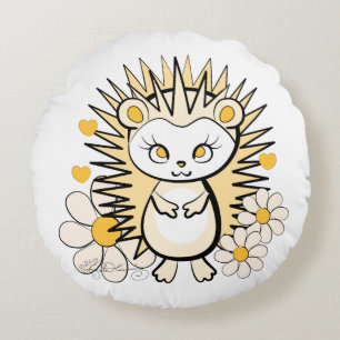 Cute Girly Hedgehog Yellow Round Cushion